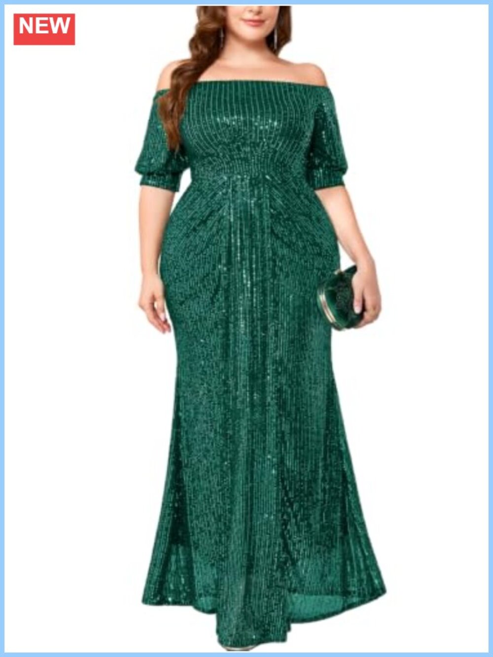 Plus Size Sequin Off Shoulder Mermaid Maxi Formal Evening Gown with Puff Sleeves